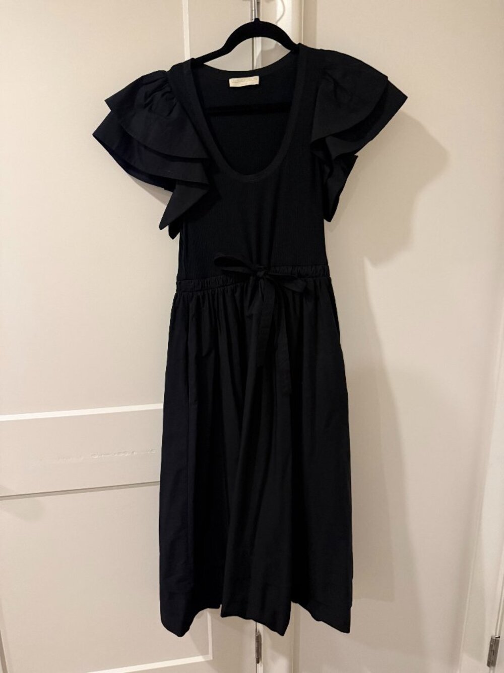 Ulla Johnson Black Ruffle Sleeve Tie Waist Midi Dress Size 6